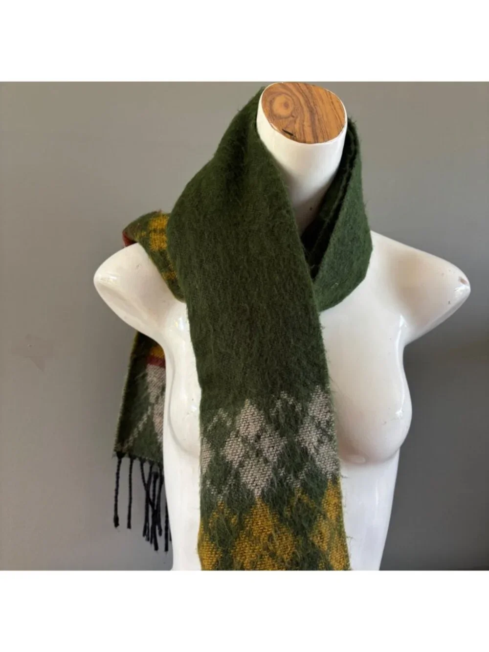 Vintage Scarf Fendi Italy Wool Green Yellow Argyle Plaid Designer Fringe Warm